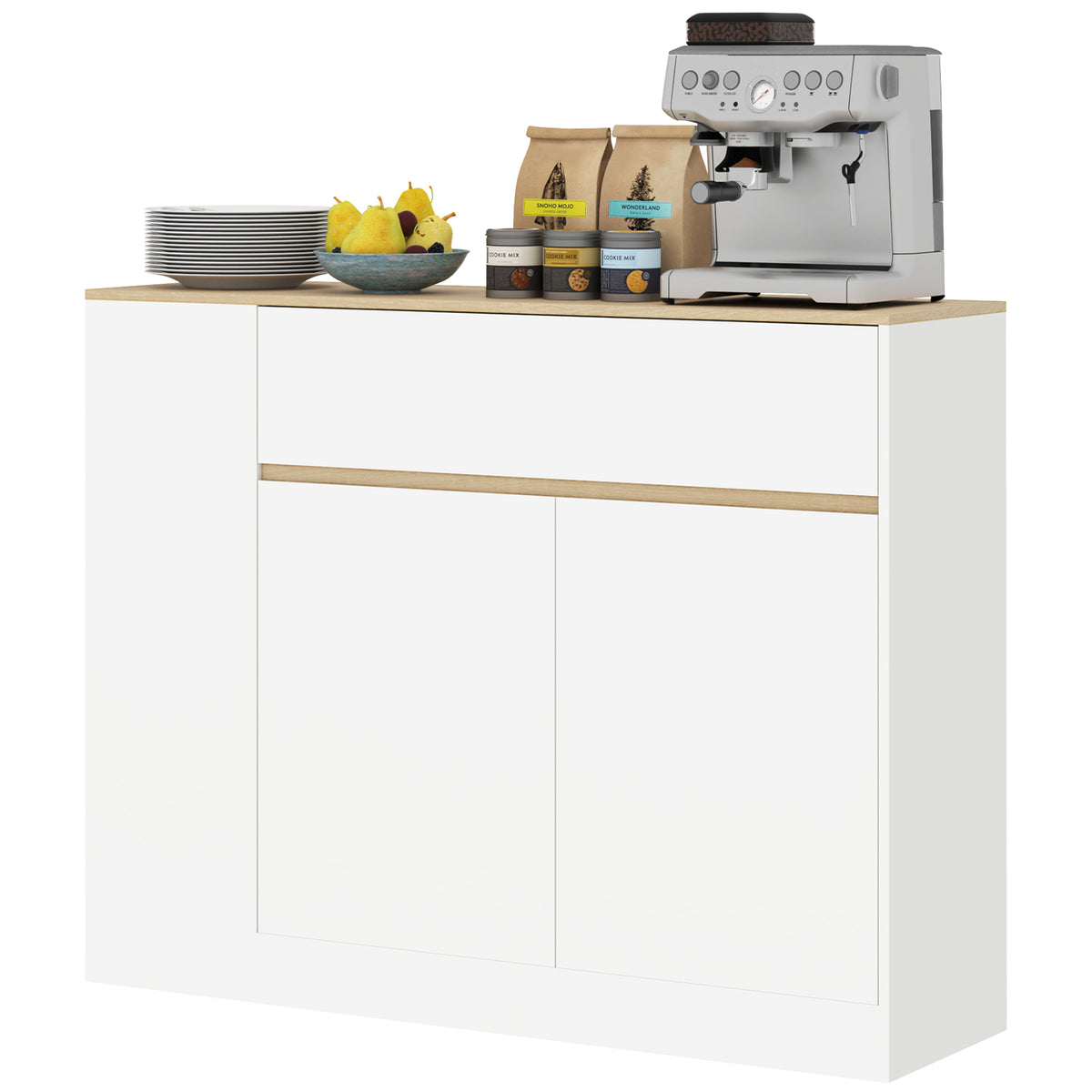 Sideboard, gro?es Schrankfach, 3 Ablagef?cher, Schublade, 106 x 30 x 81,2cm, Wei?/Holz
