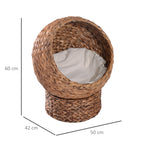 Woven Banana Leaf Elevated Cat Bed Wicker Kitten Basket Pet Den, House Cosy Cave with Soft Cushion Dome 50x42x60cm Brown