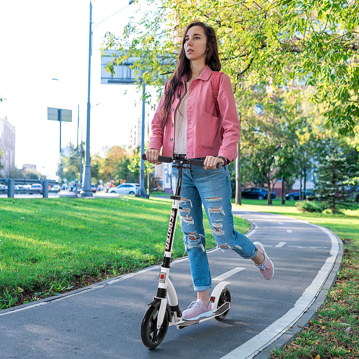Foldable Kick Scooter with Double Shock Absorption and Big Wheels, Height Adjustable Aluminium Frame Big Wheel Scooter for 14+ Teens Adult - White