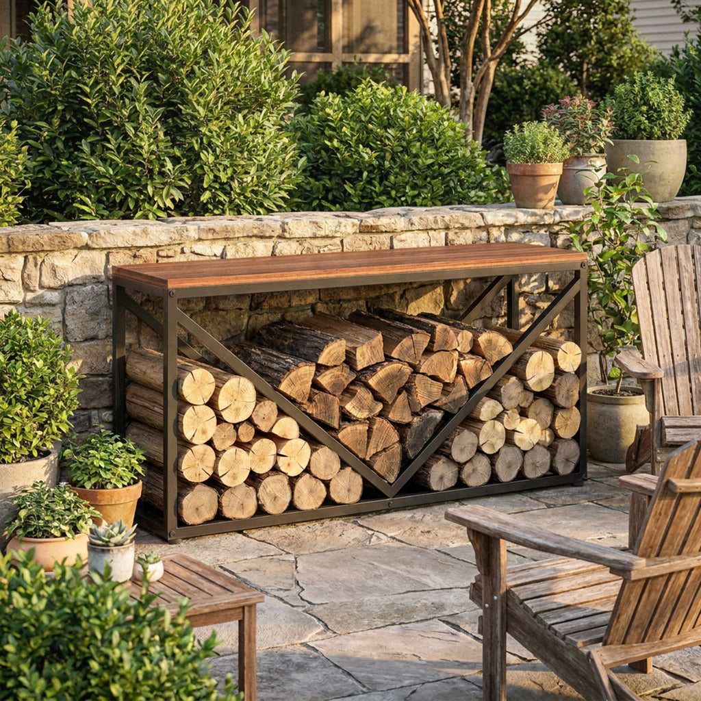 2-in-1 Kaminholzregal für innen 98 x 28 x 50 cm erhöhtes Brennholzregal mit Ablage Trennwand Beistelltisch
