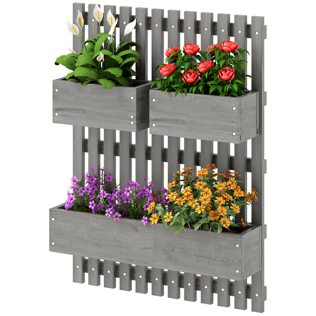 Wall-mounted Wooden Garden Planters with Trellis, Drainage Holes and 3 Planter Boxes for Patio, Grey