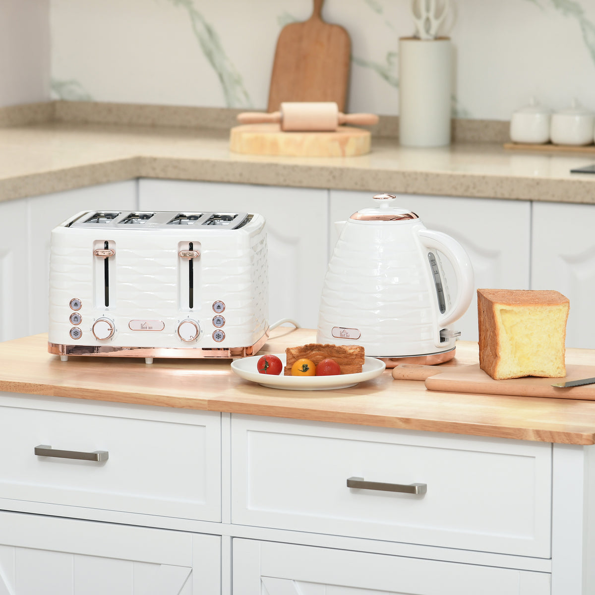 2-in-1 Toaster- und Wasserkocher-Set, 7 Br?unungsstufen, Auftau- und Aufw?rmfunktion, Cremewei?