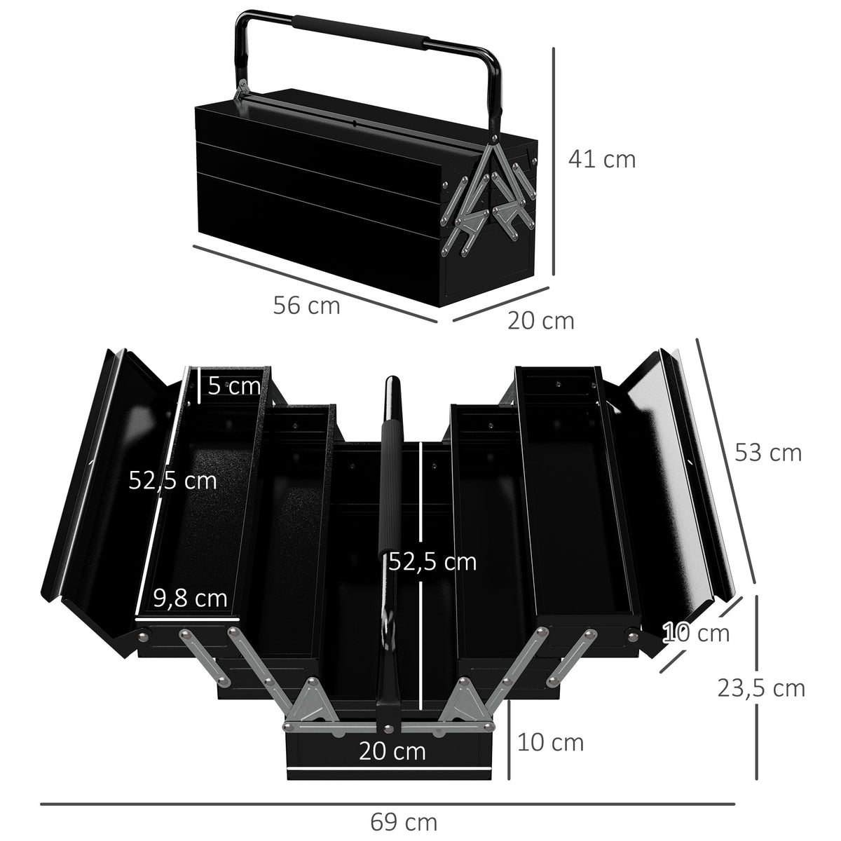 3 Tier Metal Toolbox, 5 Tray Professional Portable Tool Box with Carry Handle for Workshop, 56cmx20cmx34cm, Black