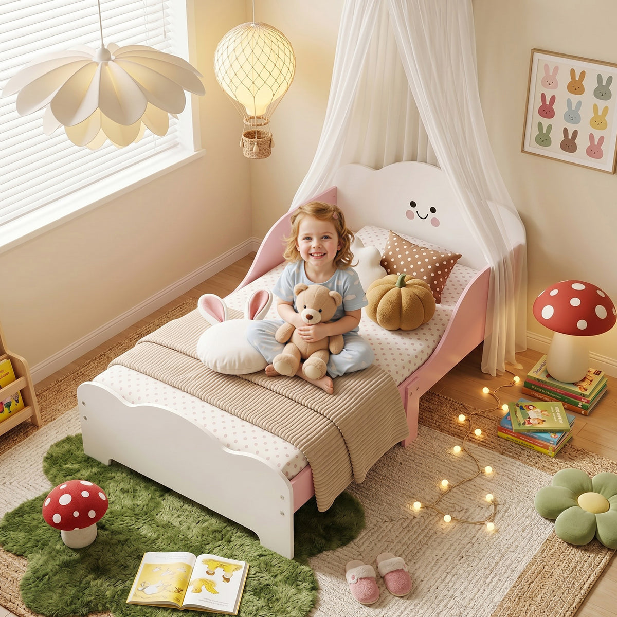Kinderbett, 140 x 70 cm Bettgestell mit hohen Schutzgitter für Kinder von 3-6 Jahren, ohne Matratze, Rosa