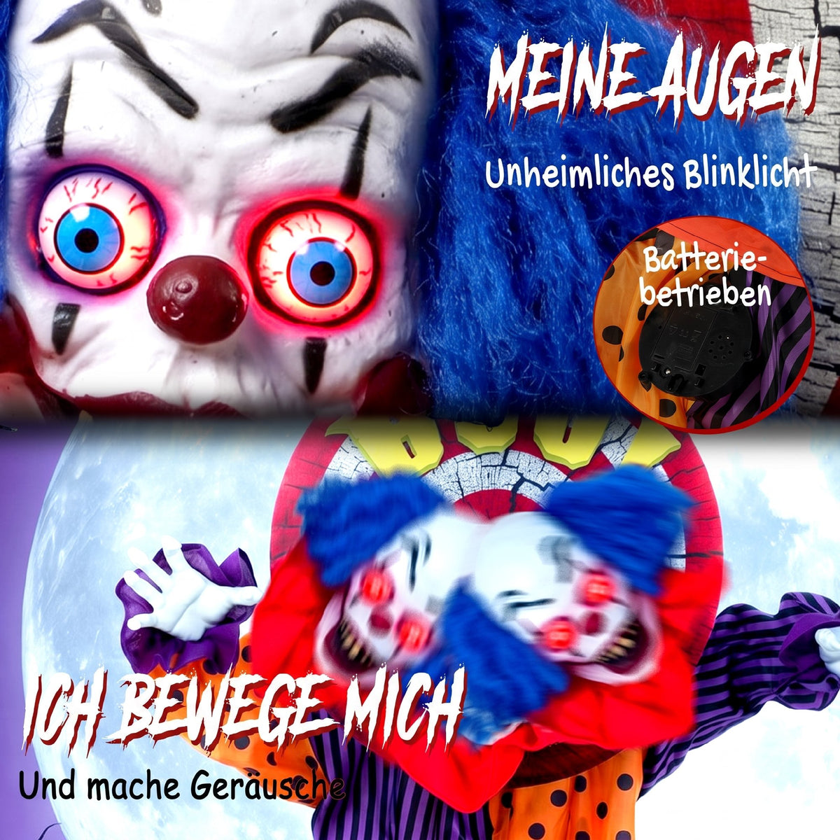 167 cm Life Size Animated Clown Halloween Decoration, Scary Halloween Animatronics Decor with Sound Touch Activated