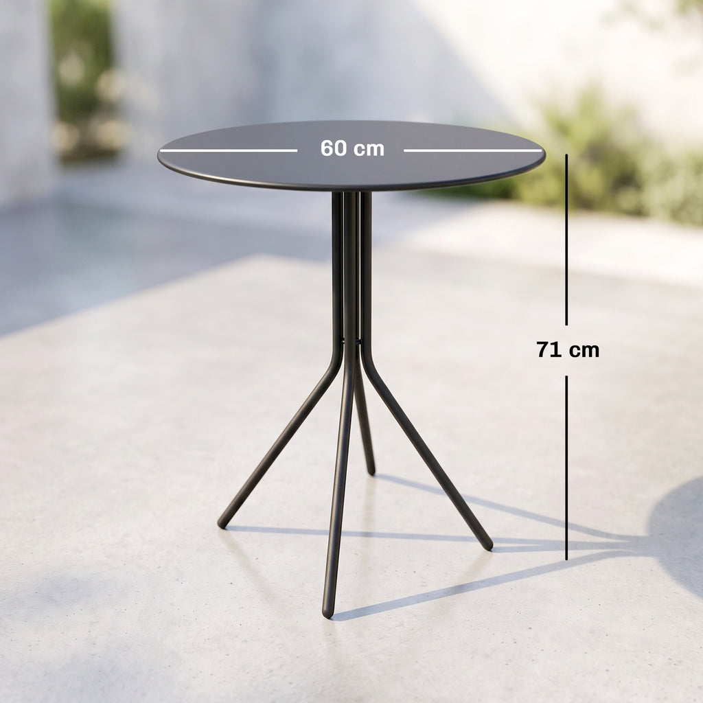 Gartentisch Ø60 x 71 cm, Wetterfest Balkontisch aus Stahl, Rund Beistelltisch mit Fußpolster Schwarz