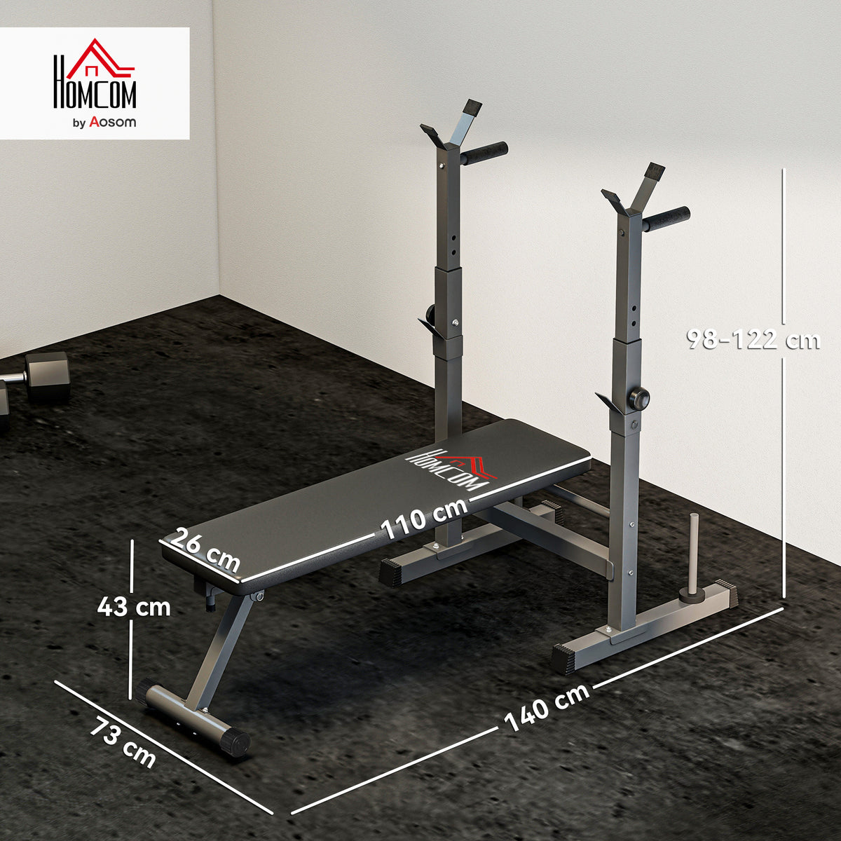 Hantelbank, 8 Positionen, klappbar, Stahlbasis, gepolstert, Kunstleder, 98-122H x 140L x 73B cm, Schwarz/Grau