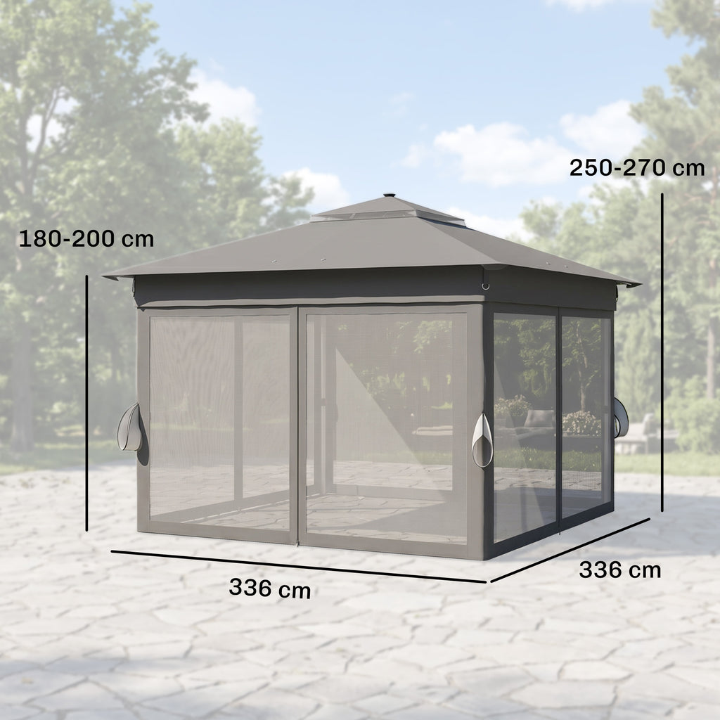 Gartenzelt mit solarbetriebenen LED´s Gartenzelt mit Beleuchtung, 336 cm x 336 cmx 270 cm, Grau