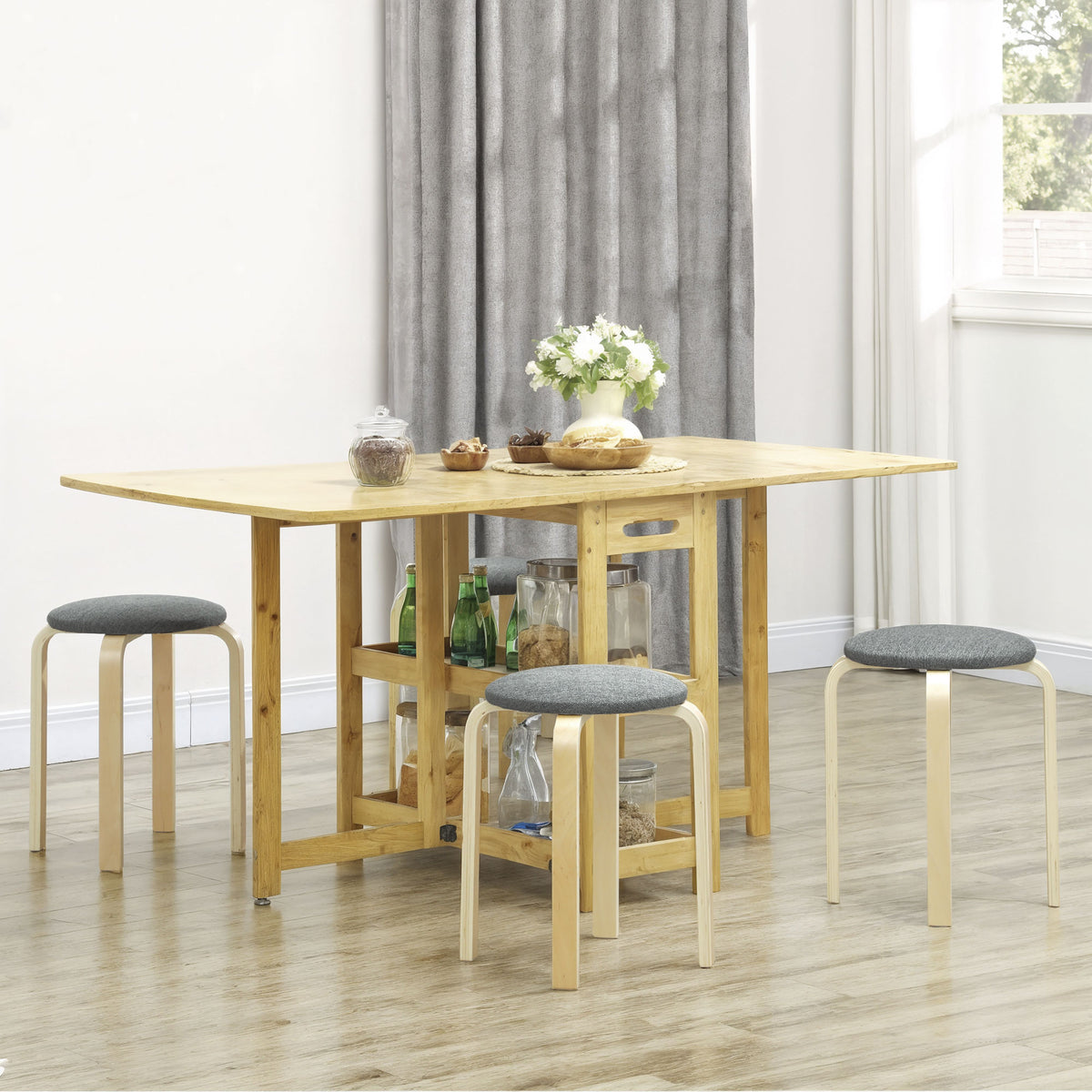 Polsterhocker im 4er-Set, stapelbar, lackierte Oberfläche, Holzbeine, Grau