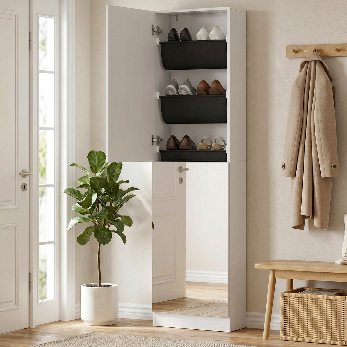 Schuhschrank mit Spiegel, 5-stufiger Schmale Schuhkommode mit Soft-Close-Türen, für 12 Paar, 50 x 20 x 180 cm, Weiß