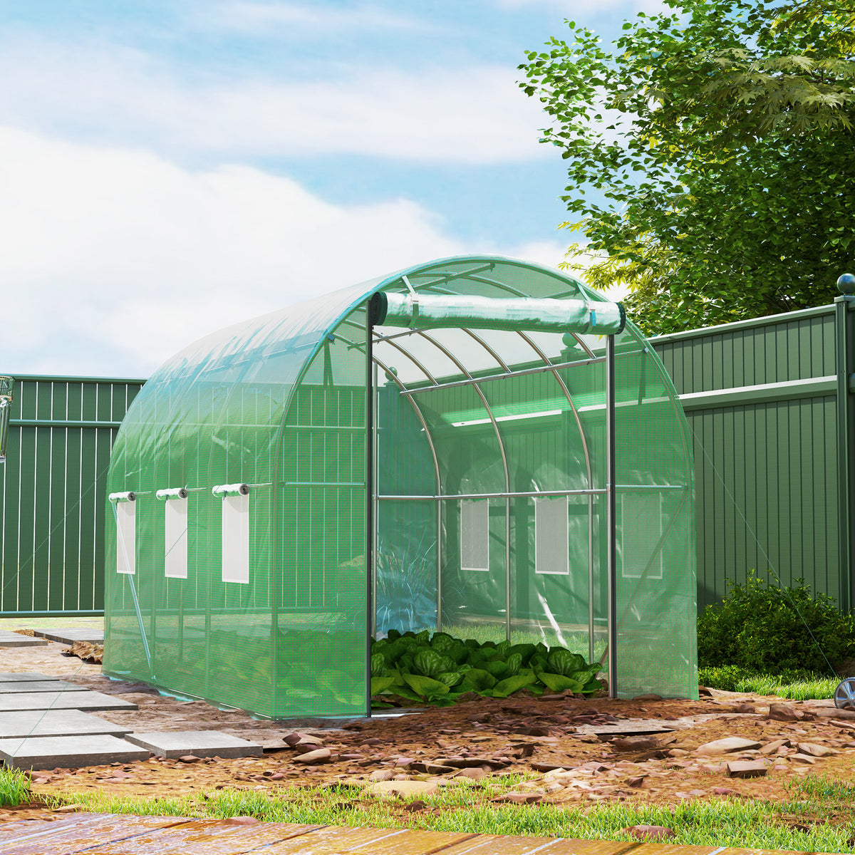 Polytunnel Gewächshaus mit Kunststoff-Abdeckung und Stahlrahmen, begehbares Gewächshauszelt mit Rolltüren, Grün