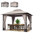 3 x 3.6 m Outdoor Garden Gazebo with Netting and Curtains, Double Roof Patio Gazebo Permanent Pavilion, Khaki