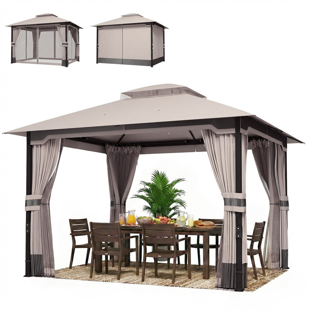 3 x 3.6 m Outdoor Garden Gazebo with Netting and Curtains, Double Roof Patio Gazebo Permanent Pavilion, Khaki