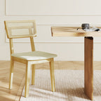 Esszimmerstuhl, Rattan-Rückenlehne, Kunstleder-Sitz, Kautschukholz, Naturholz