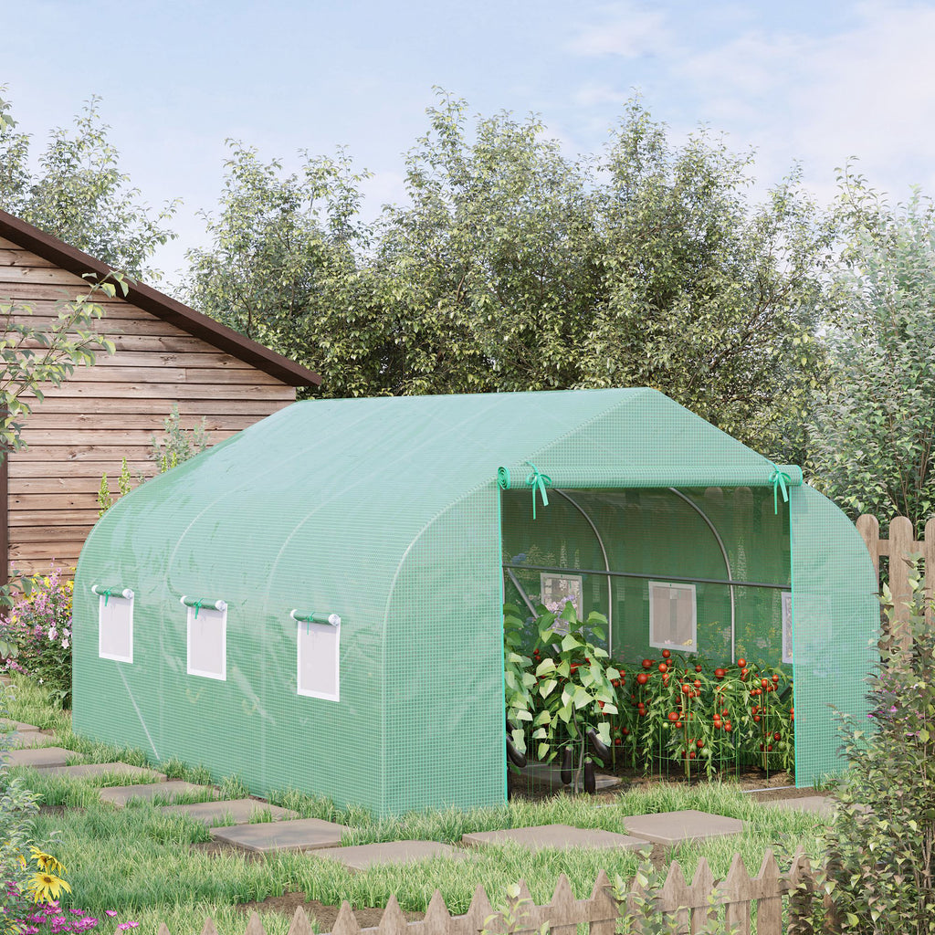 Gewächshaus 3,5 x 3 x 2 m Foliengewächshaus mit Rollbar Reißverschlusstür 6 Netzfenster Stützstangen