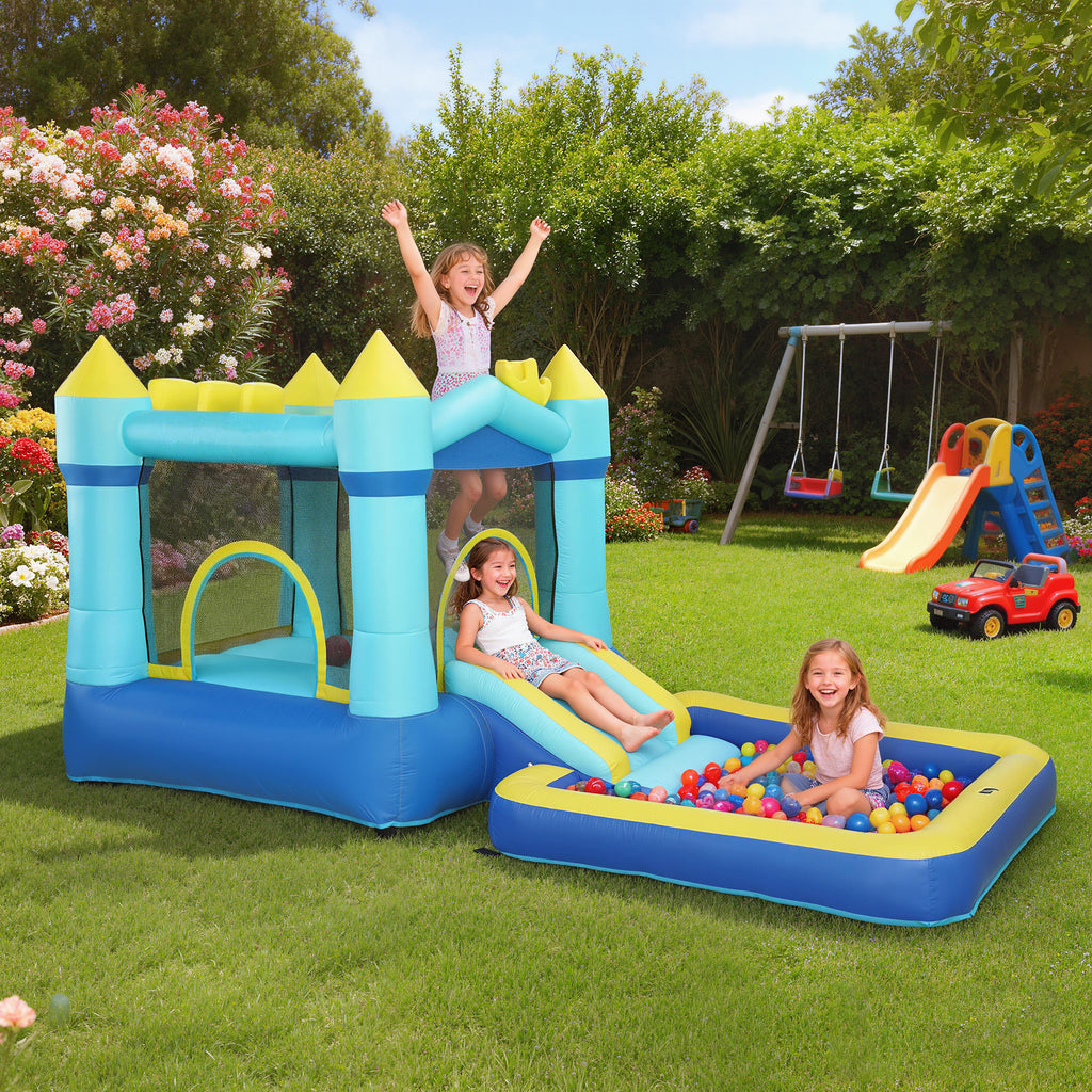 Hüpfburg Aufblasbar Spielcenter mit Gebläse Rutsche Trampolin Planschbecken/Bällebad Wasserpistole 364x173x182 cm Blau