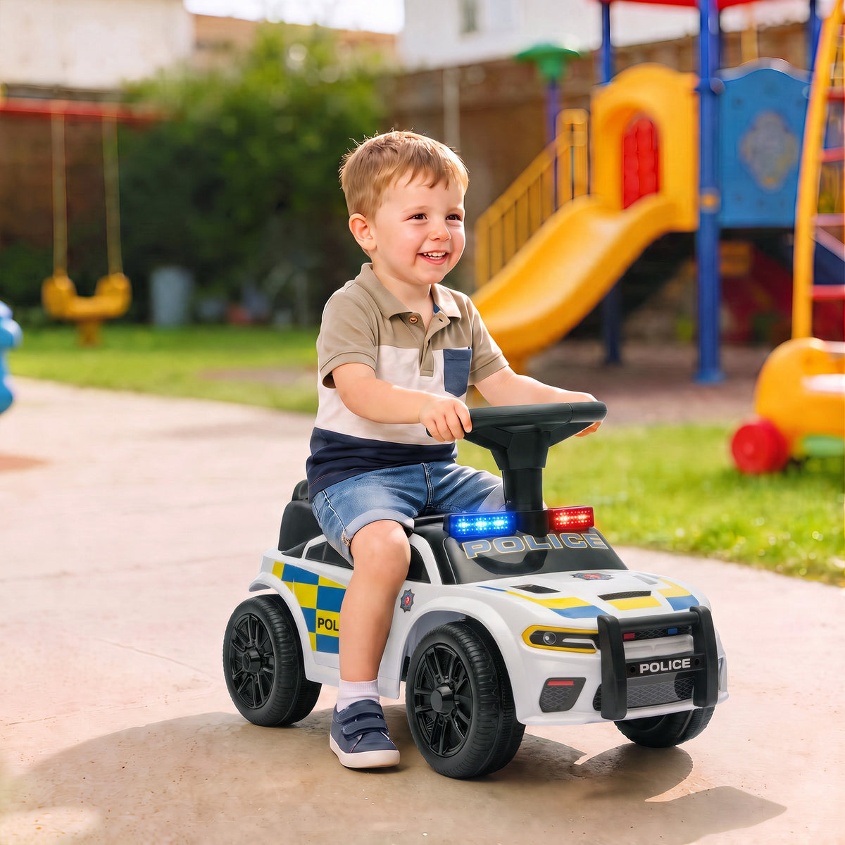 Rutschauto Kinder Polizei Rutschfahrzeug mit Musik Licht Anti-Kipp-Schutz & Stauraum unter dem Sitz 18-36 Monate Weiß