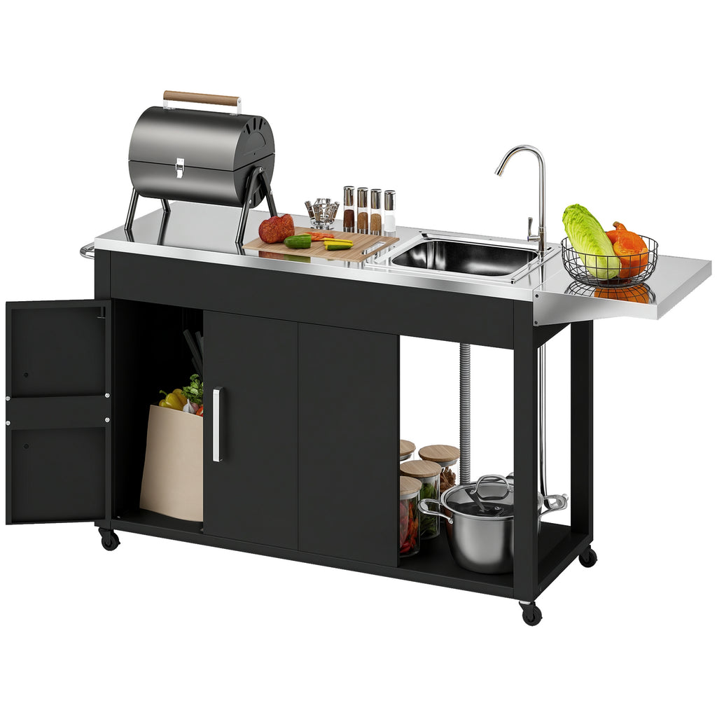 Grillwagen Servierwagen mit Arbeitsfl?che Seitenblatt Schrank Sp¨¹le R?der, Edelstahl 162,5x47x87cm Schwarz