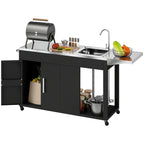 Grillwagen Servierwagen mit Arbeitsfl?che Seitenblatt Schrank Sp¨¹le R?der, Edelstahl 162,5x47x87cm Schwarz