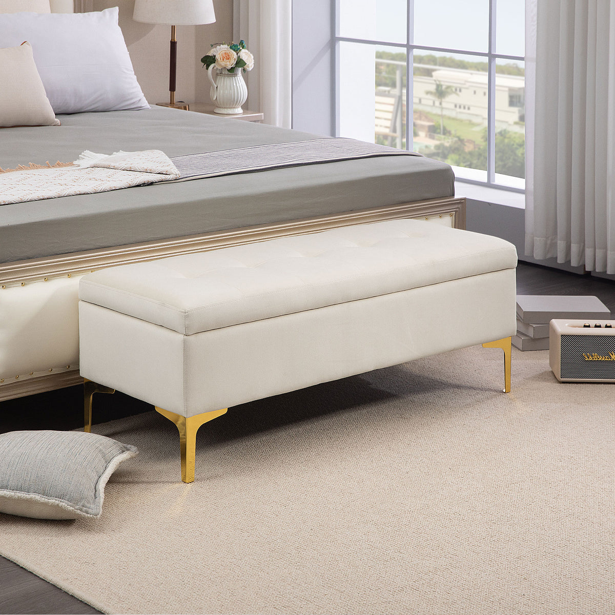 Sitzbank mit Stauraum, belastbar bis 120kg, 120x44x44,5cm, Beige