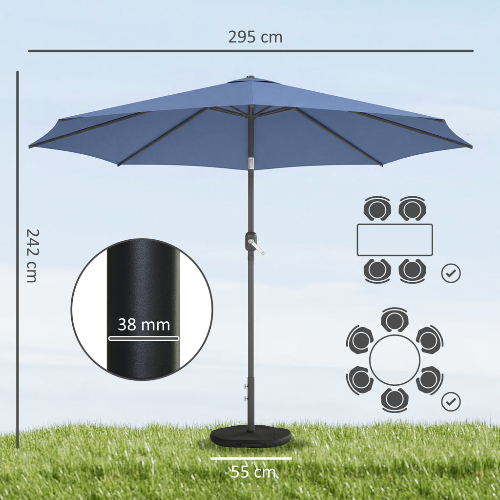 Sonnenschirm Ø295 cm, UV 30+Sonnenschirm runder Balkonschirm Strandschirm Marktschirm für Strand Balkon Garten, Blau