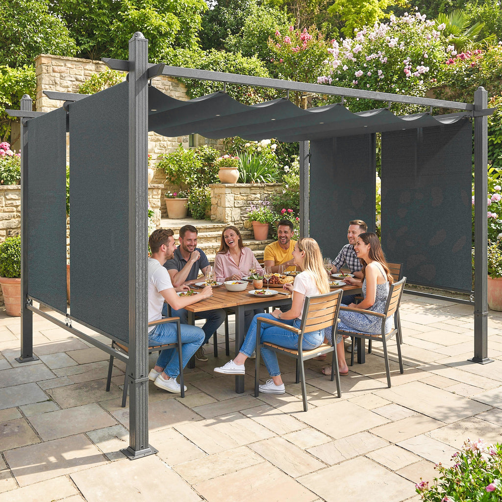 Pergola 3 x 4 m Terrassenüberdachung mit Schiebedach, automatisch einziehbaren Rollos, UV50+ Aluminiumrahmen