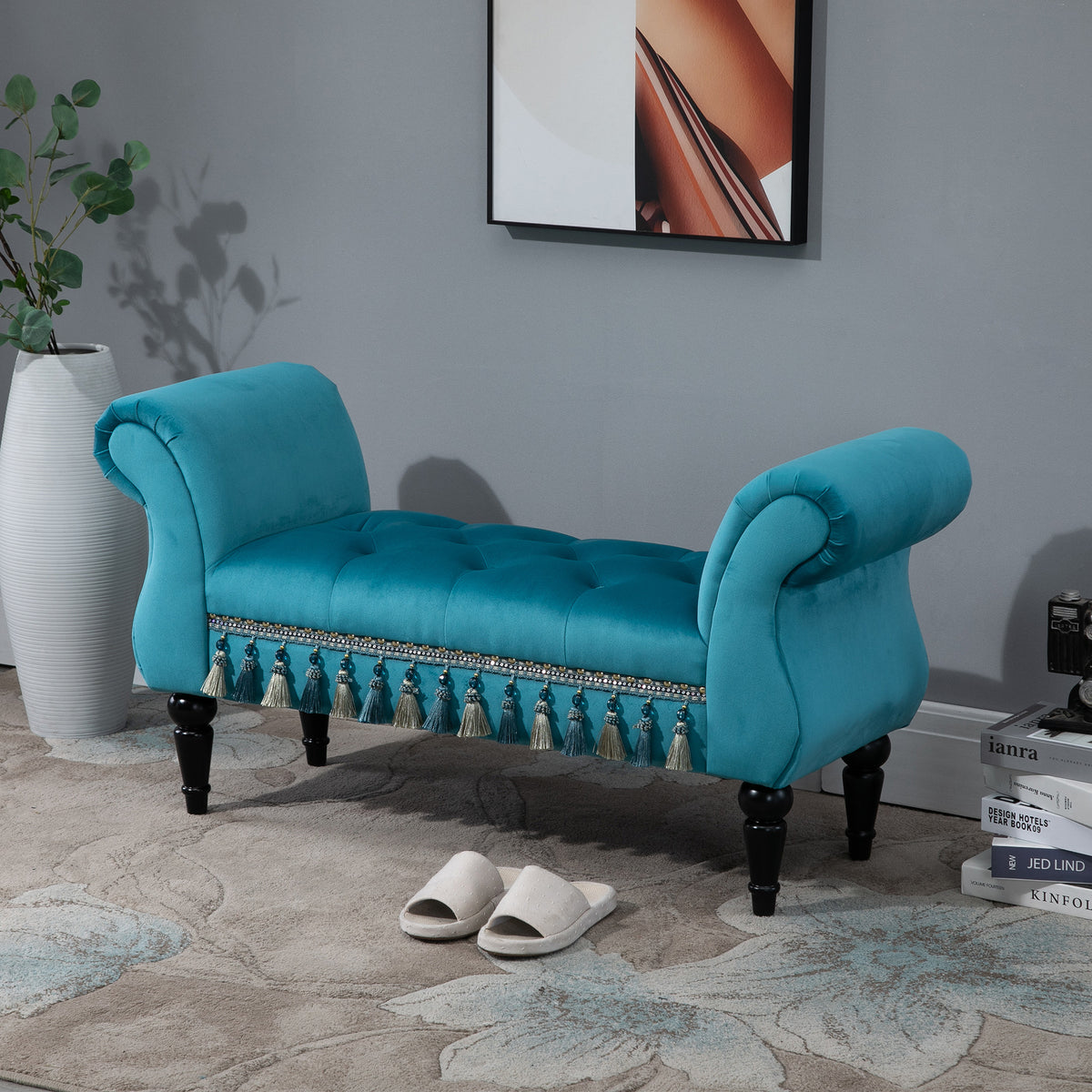 Sitzbank Polsterbank mit Samt-Bezug, Armlehne Bettbank mit Holzrahmen, Schuhbank für Schlafzimmer, Wohnzimmer, Flur 117 x 40 x 58 cm Blau