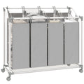 Wäschekorb mit 4 Fächer 160 L Wäschesammler mit Rädern, herausnehmbarer Wäschesack, 97 x 38 x 81 cm, Grau