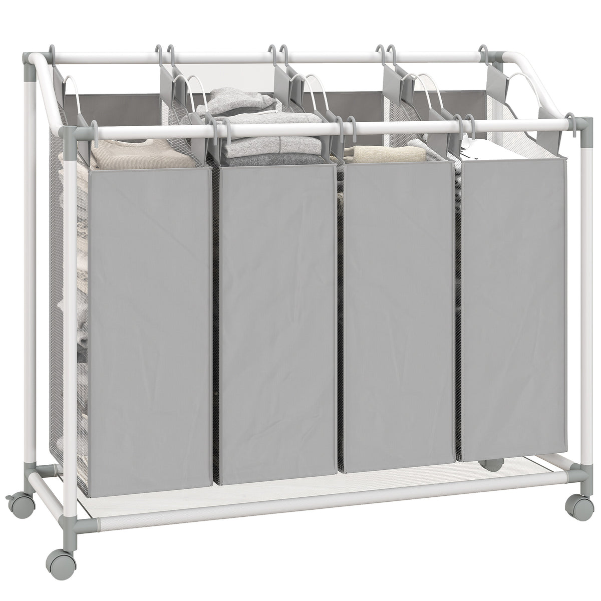 Wäschekorb mit 4 Fächer 160 L Wäschesammler mit Rädern, herausnehmbarer Wäschesack, 97 x 38 x 81 cm, Grau