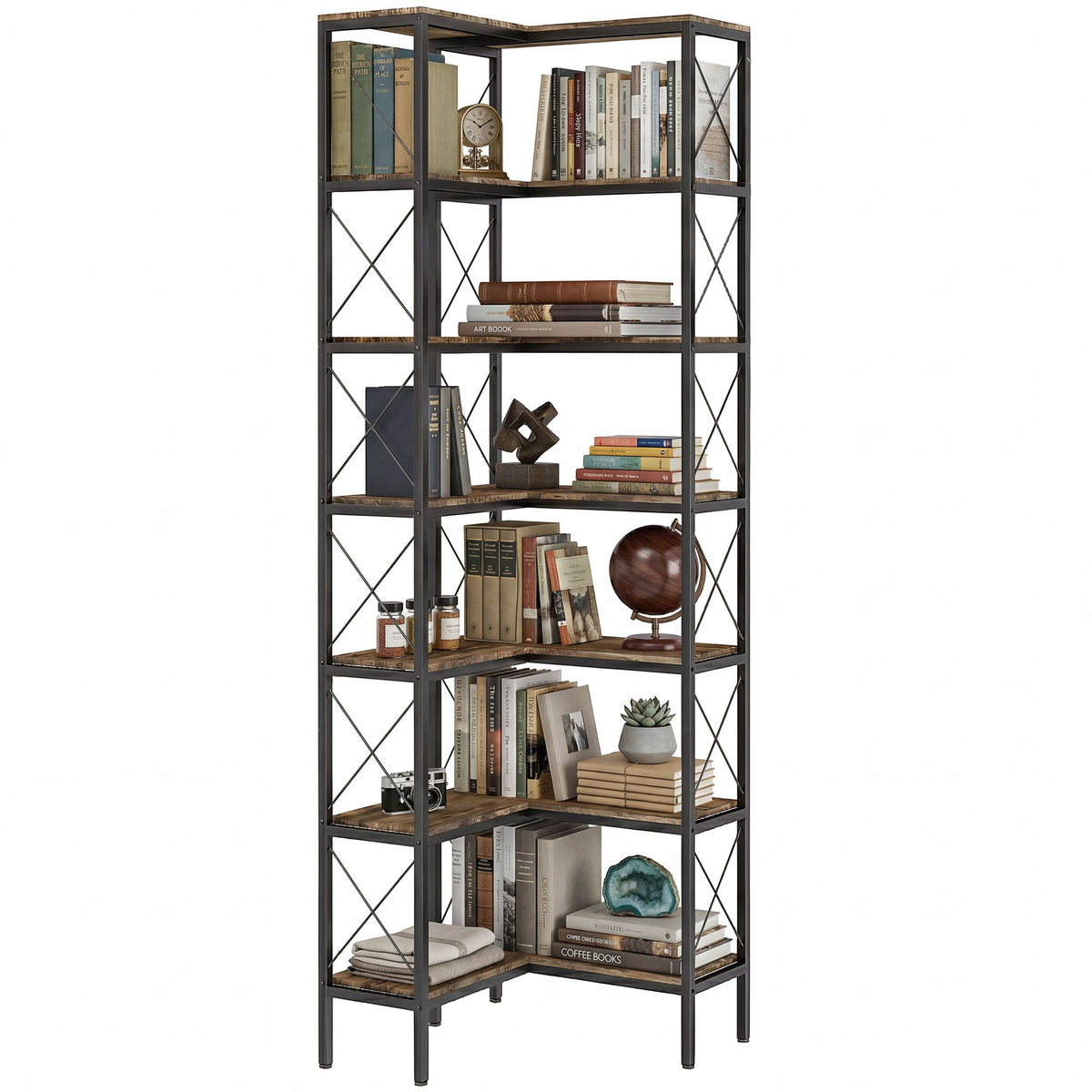 6-Tier L-Shaped Bookshelf, Freestanding Corner Bookcase with Metal Frame, Rustic Brown
