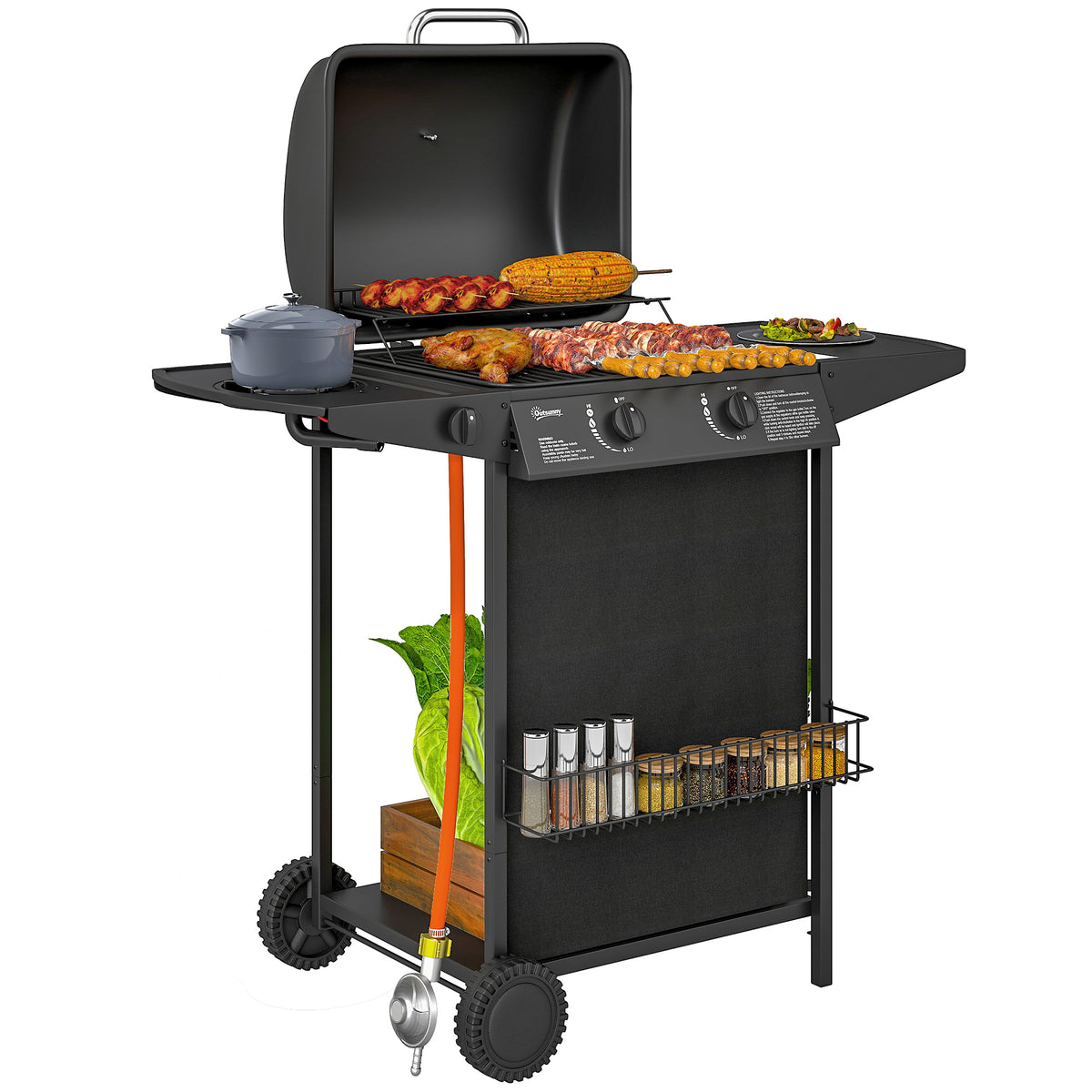 Gasgrill 7 KW Grillwagen inkl 3 Brenner Seitenkocher Rolle Deckel 107 x 54 x 96 cm Schwarz