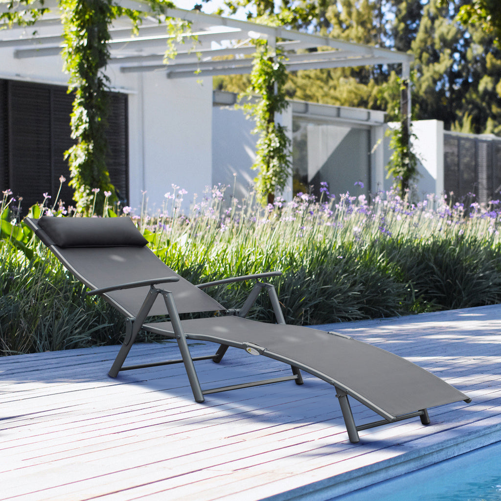 Sonnenliege klappbar Strandliege mit Kissen Liegestuhl mit 7-Fach verstellbare Rückenlehne Gartenliege Relaxliege Gartenstuhl bis 165 kg belastbar, für Garten Urlaub Outdoor Strand Pool, Grau