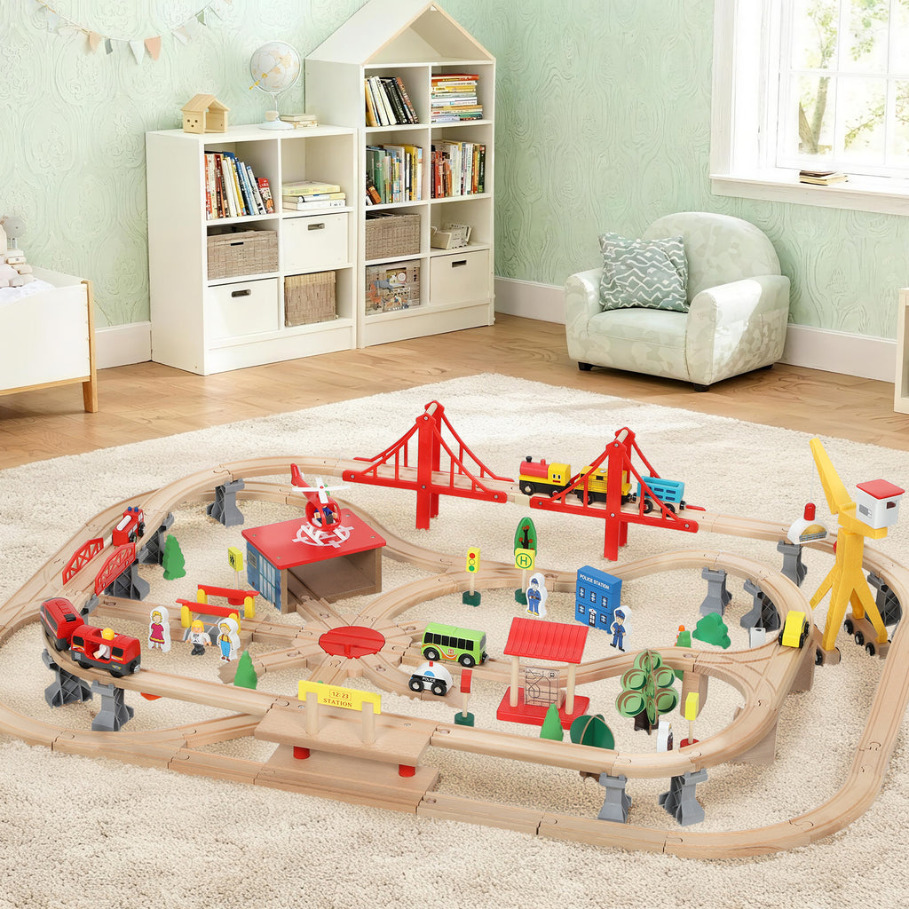 133-Piece Wooden Train Set, Toy Train with Crane, Storage Box, for Kids Ages 3+