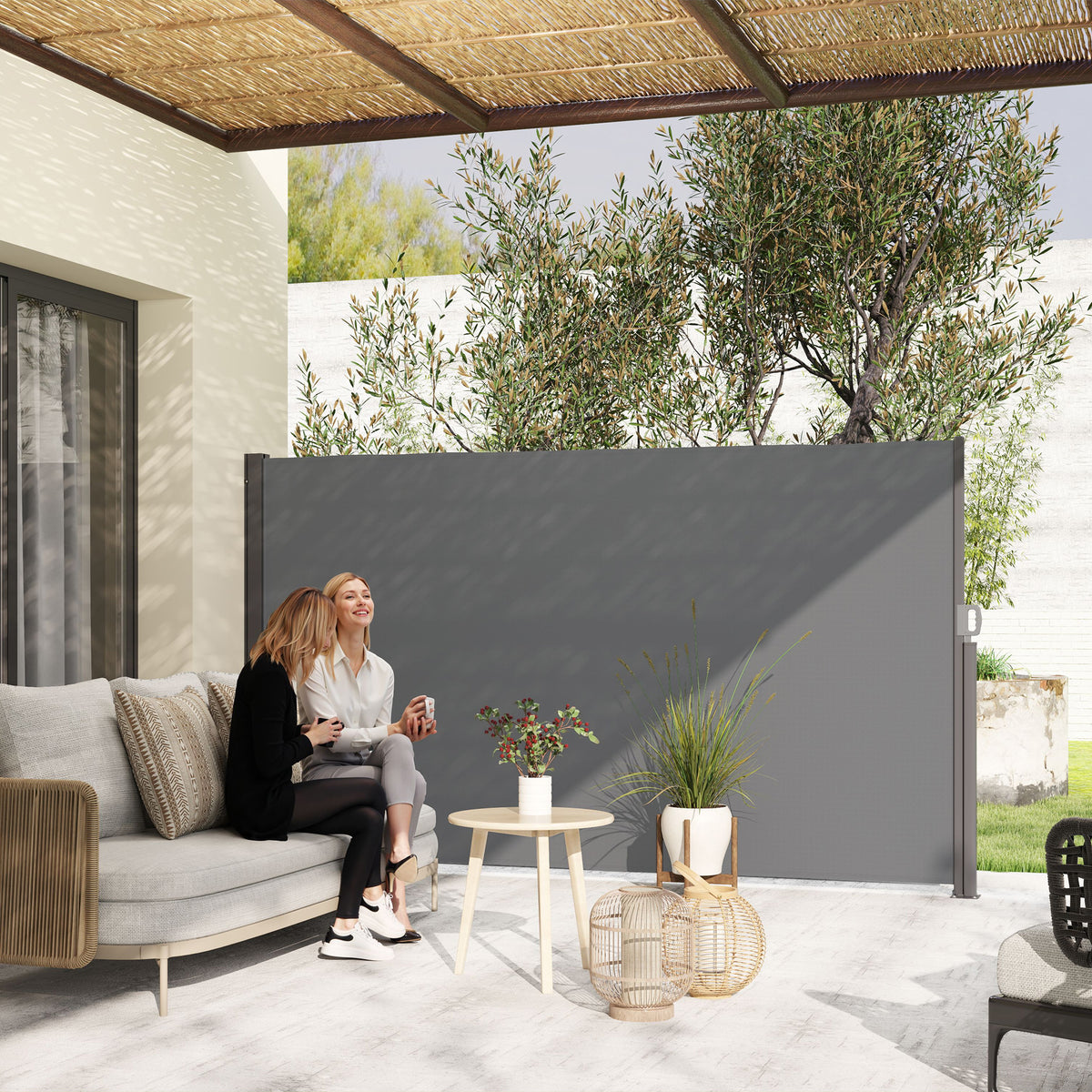 Seitenmarkise ausziehbar blickdicht Sichtschutz mit Wandhalterung Beschichtung 300x180cm Dunkelgrau