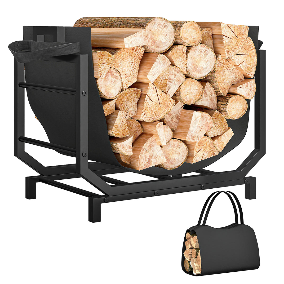 Kaminholzregal für innen 53 x 33 x 43 cm Brennholzregal mit Tragetasche Metall Schwarz