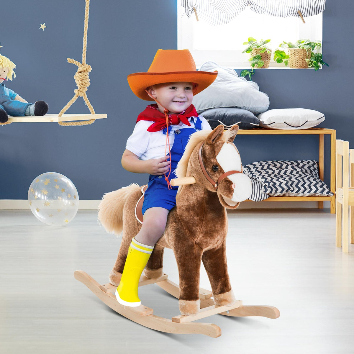 Schaukelpferd Schaukeltier mit Haltegriffen Plüsch Baby Schaukel Schaukelsitz für Kinder ab 3 Jahren