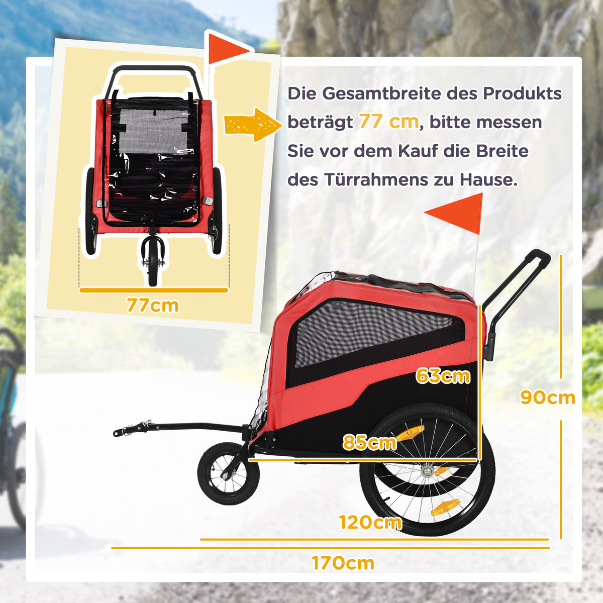 2 in 1 Dog Bike Trailer Pet Stroller for Large Dogs with Hitch, 20" Wheels, Pet Bicycle Cart Trolley Carrier for Travel, Red