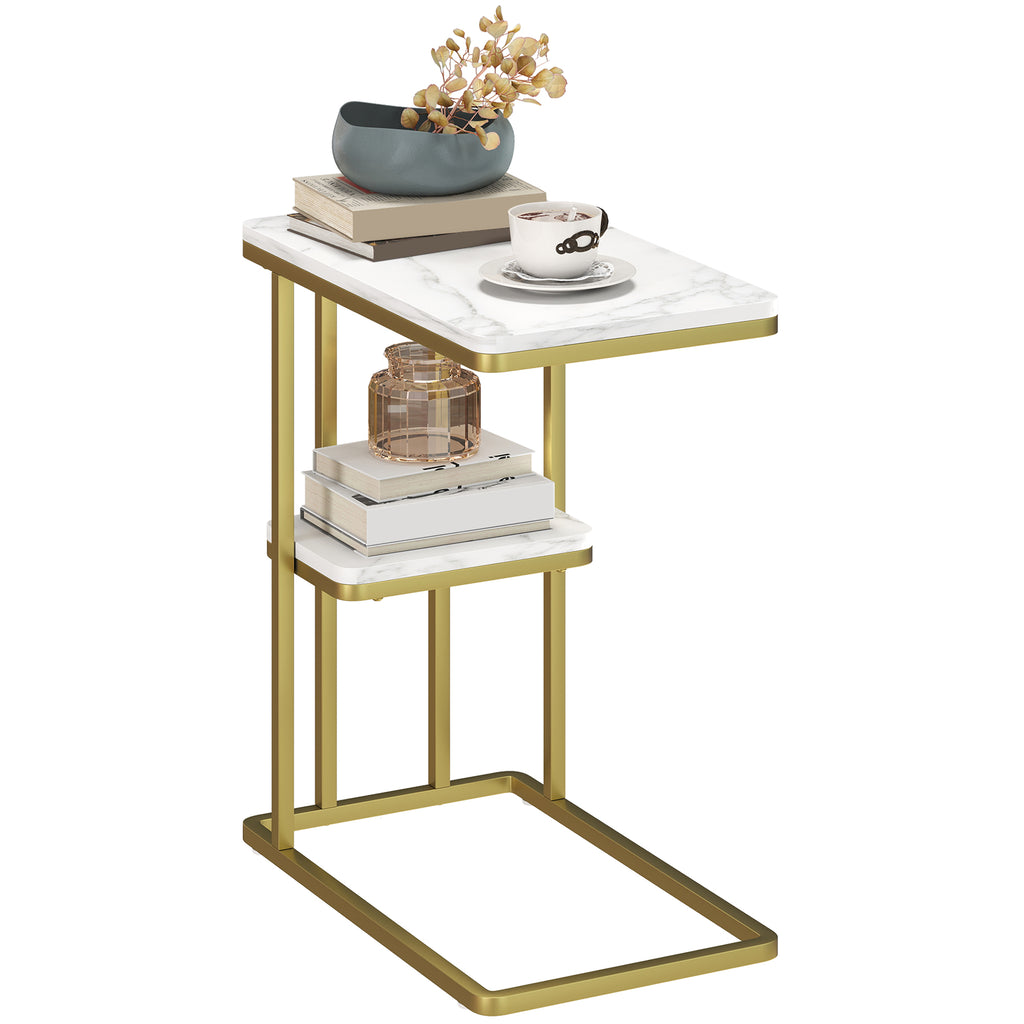 C-Shaped Narrow Side Table, 2-Tier Slim End Table, Nightstand for Small Spaces, Living Room, Bedroom, White Marble Grain