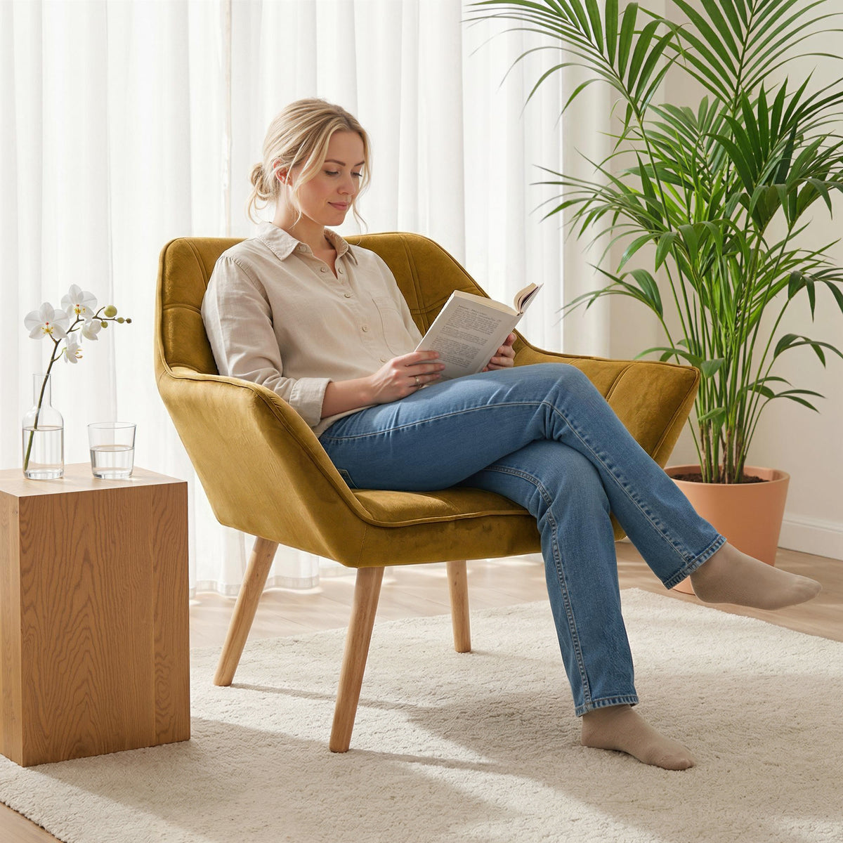 Polstersessel, Akzentsessel, Skandi Design, Samtoptik, bis 120 kg, Kautschukholzbeine, Gelb