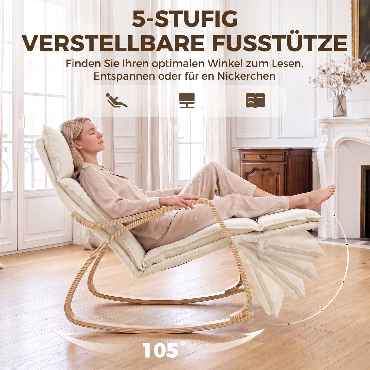 Schaukelstuhl mit 5-Fach Verstellbare Fußstütze, Cremeweiß