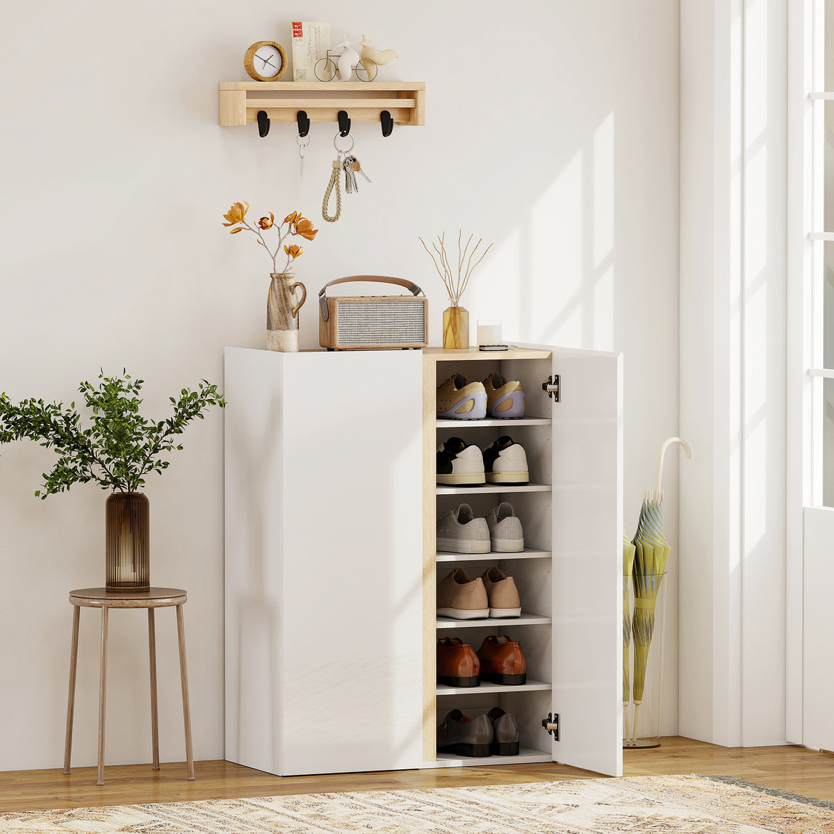 Schuhschrank mit Soft-Close-Funktion, 6-stufiges Design ohne Griffe, fasst bis zu 18 Paare, f¨¹r Flur, Eingangsbereich, Holz, Wei?