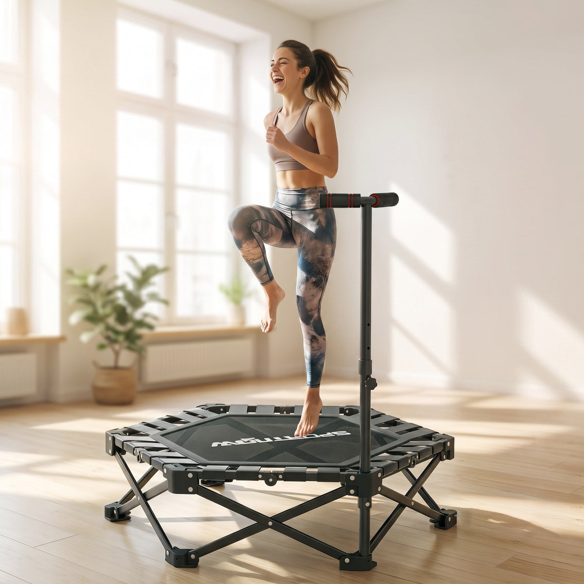 42" Foldable Mini Trampoline, One-Step Fold & Open, Rebounder Trampoline with 3-Level Adjustable Handle for Adults