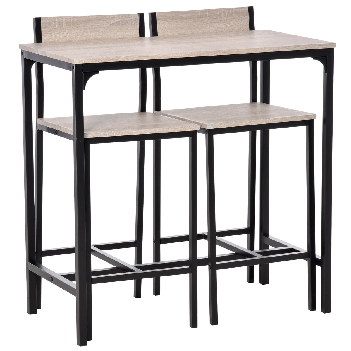 3-Piece Bar Table Set with 2 Stools, Industrial Breakfast Bar Set with Footrest, Backrest for Dining Room, Small Space