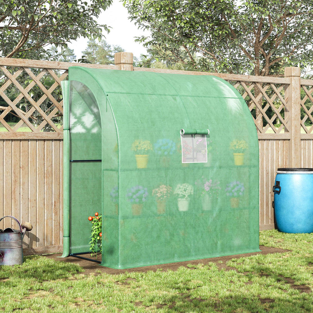  Walk-In Lean to Wall Greenhouse with Windows and Doors, Outdoor Green House with 3 Tiers 4 Wired Shelves, 200L x 100W x 215Hcm, Green