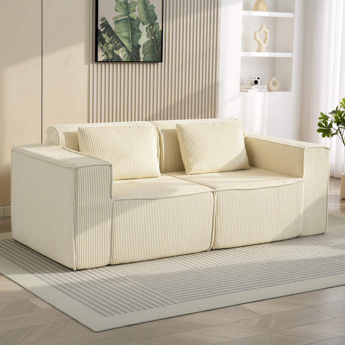 3-Sitzer-Sofa, weiche Schaumstoffstruktur, breite Armlehnen, 2 Kissen, Cordbezug, Beige