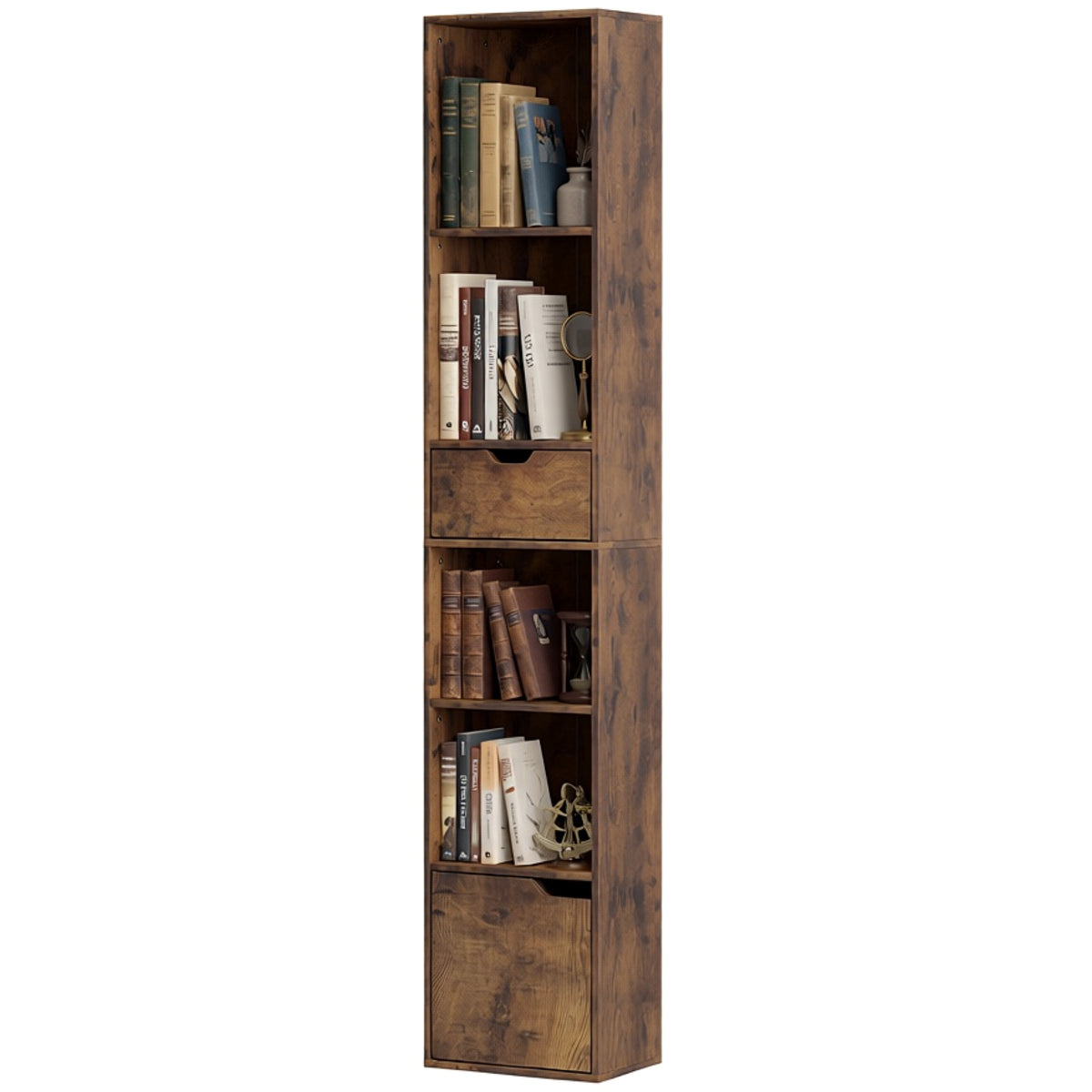 Bücherregal mit 6 Ebenen, 3-stufig verstellbar, mit Schublade, Schranktür, anpassbares Regal, Ausstellungsregal, Braun