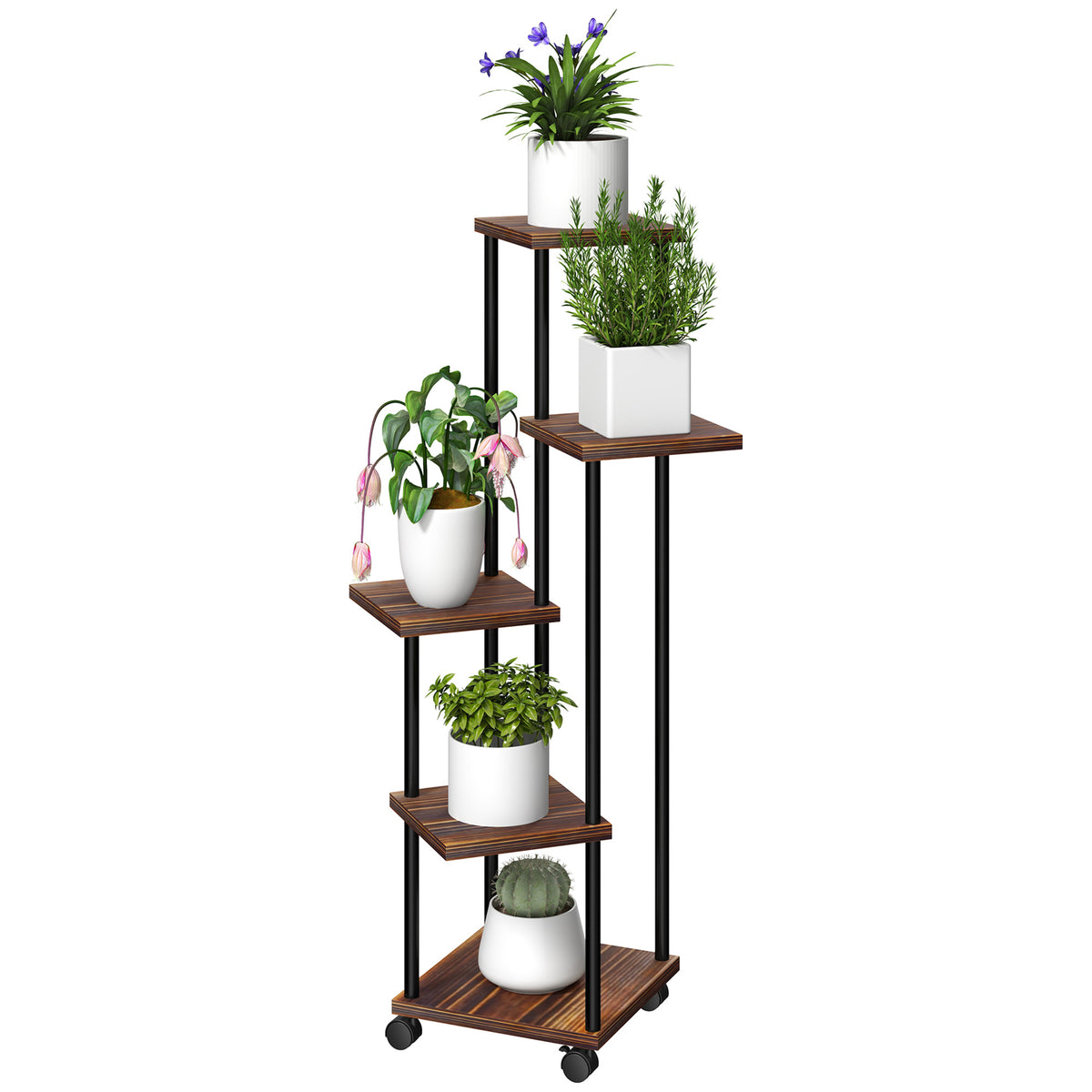 Blumenst?nder mit 5 Ebenen, 5-stufiger Pflanzenst?nder, versetztes Design, leicht zu verschieben, Holz, Stahl