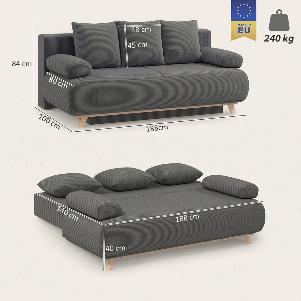Schlafsofa mit verstellbarer Rückenlehne, Bettfunktion, verstecktem Stauraum und Cordbezug, Grau