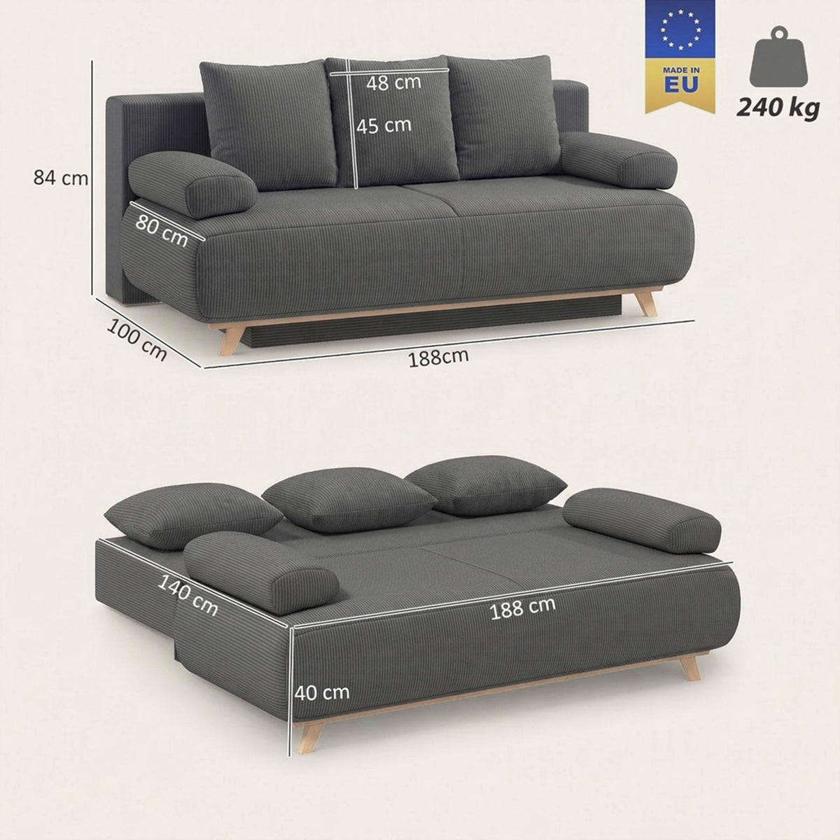 Schlafsofa mit verstellbarer Rückenlehne, Bettfunktion, verstecktem Stauraum und Cordbezug, Grau