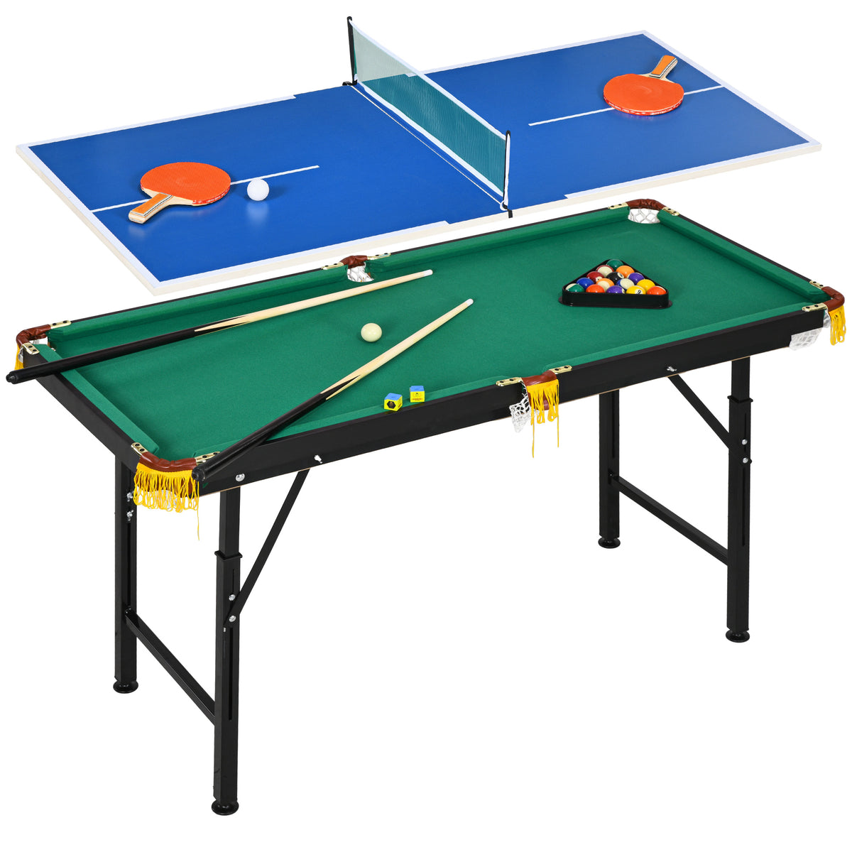 2-in-1 Billardtisch, Tischtennisplatte, mit Zubehör, 140x63x80cm, Blau/Grün